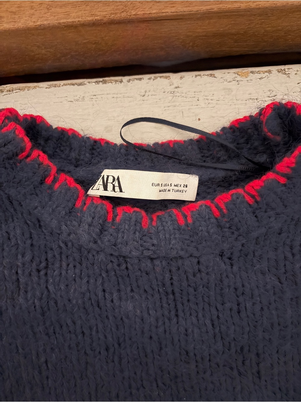 ZARA Navy Crewneck Sweater with Red Trim